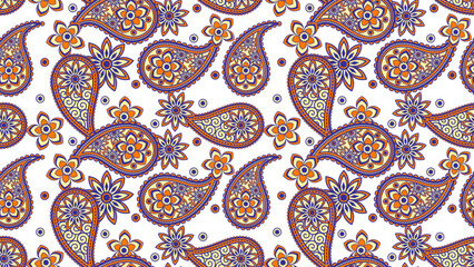 Paisley pattern with orange and blue floral elements on transparency background, creating vibrant and intricate design full of energy and elegance
