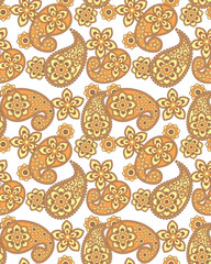 Paisley pattern with floral elements in warm orange and yellow tones on transparency background, creating vibrant and intricate decorative design full of elegance and charm