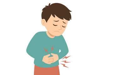 Simple cartoon illustration of a young boy feeling sick or experiencing stomach pain vector art vector