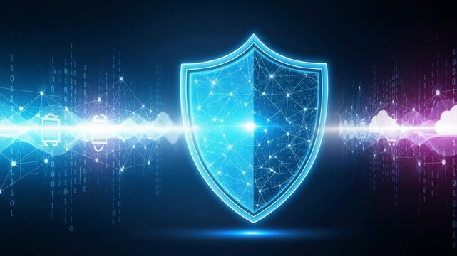 radiant blue shield with glowing network pattern centrally protects digital landscape Binary code cloud icons and connected data nodes flow across vibrant wave of blue and purple light on dark backgro