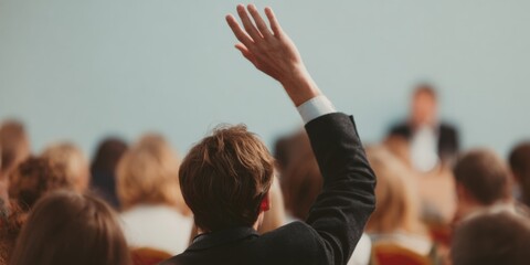 Professional Businessman Raising Hand at Corporate Conference Authentic Modern Engagement for Millennial Marketing and Editorial Use