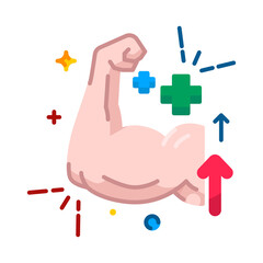 Bicep Muscle Icon on Transparent Background with Red and Blue Plus Signs and Arrows in Vector Flat Design Style for Weight Loss