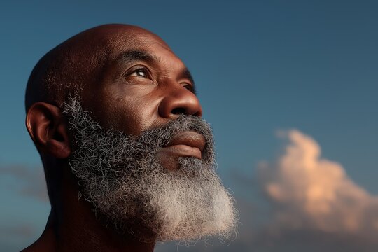 Dark skinned bald elderly man with black and white beard looking upward thoughtfully