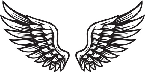 PrintDetailed black and white drawing of angel wings