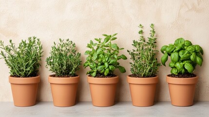 Fototapeta premium Variety of fresh herbs including thyme rosemary basil mint and parsley artfully arranged in small terracotta pots perfect for homemade cooking and culinary use