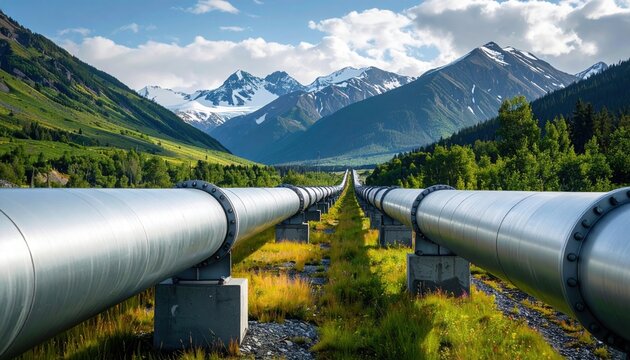 Scenic view of pipelines stretching through a lush valley with mountains and snow-capped peaks in background - Powered by Adobe