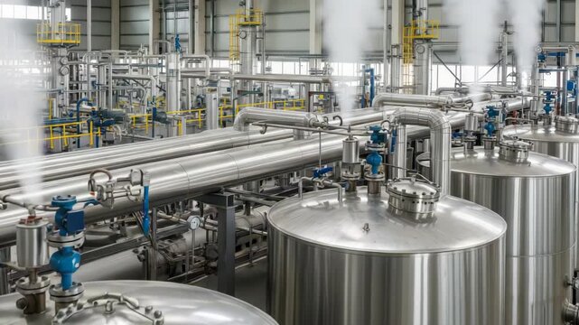detailed view of an industrial processing plant with numerous gleaming stainless steel pipes large cylindrical tanks and blue valves Steam rises from multiple sections indicating active complex manufa
