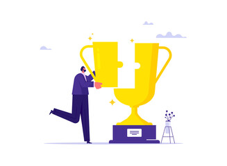 Business growth and success concept, businessman connecting jigsaw puzzle to trophy, building trophy puzzle