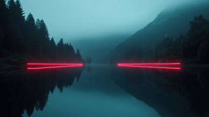 Mysterious red light streaks across a foggy lake reflecting dark pine trees and mountains