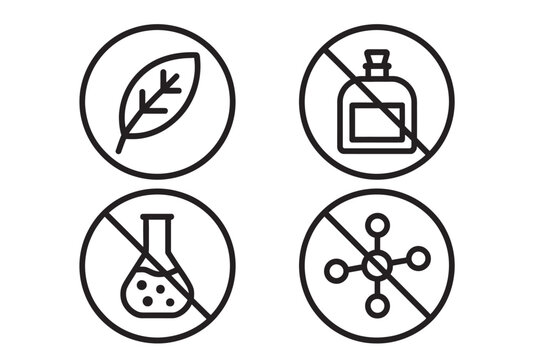 Set of four minimalist black and white icons representing natural ingredients and absence of harmful chemicals vector - Powered by Adobe