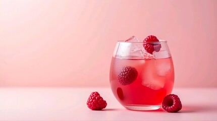Refreshing raspberry cocktail in rounded glass with ice cubes and fruit garnish on pastel pink background