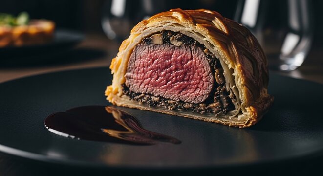 Exquisite Beef Wellington with rich sauce, ready to elevate holiday dinners like Christmas, Thanksgiving, or New Year's. Ideal for upscale restaurant menus, events.