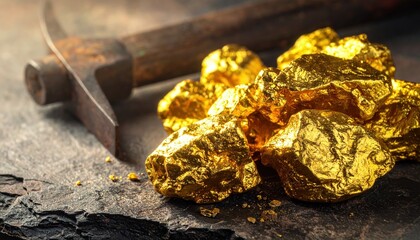 A close-up of shiny gold nuggets resting on a rugged surface beside a hammer, symbolizing mining and wealth