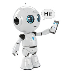 A friendly white robot waving hello while holding a smartphone against a black isolated background