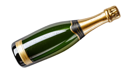 A green champagne bottle with gold foil on a transparent background