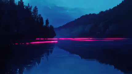 Tranquil blue lake reflecting pink light trails through dark forested mountains