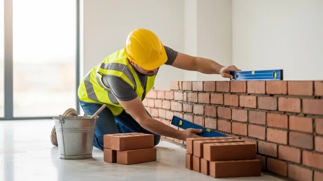 Engineer safety vest and yellow helmet uses level tool to check brick wall alignment bright indoor construction and modern building site for safety
