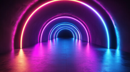 Vibrant neon archway tunnel with glowing pink and blue lights reflecting on floor