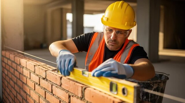 Engineer wearing safety helmet and vest uses level tool to check brick wall alignment at construction site, ensuring safety and precision