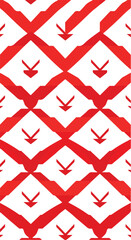 Red geometric pattern with arrows and diamond shapes on white background.