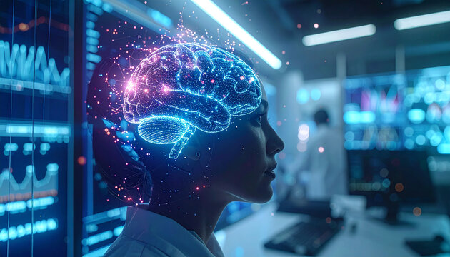 The Bright Brain: A striking visual representation of the human mind. A woman's profile, the silhouette against a backdrop of digital data and a glowing holographic brain, symbolizing thought.