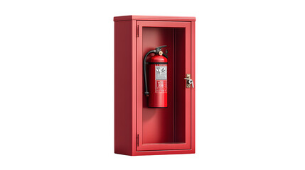 A red fire extinguisher inside a red cabinet with a key