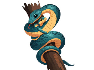 Colorful snake wrapped around a tree branch, vibrant scene