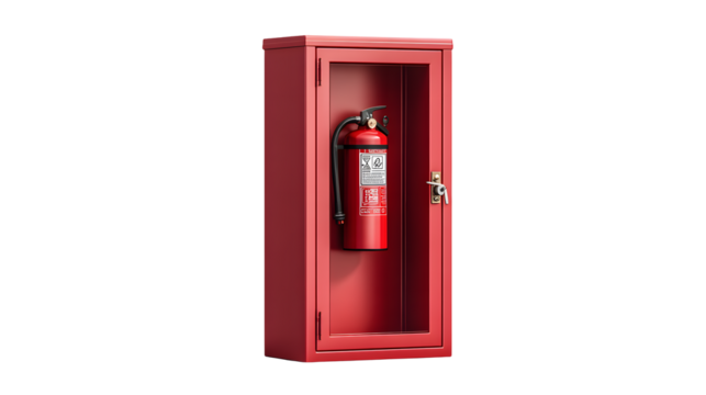 A red fire extinguisher inside a red cabinet with a key