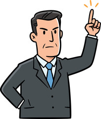 Serious businessman pointing upwards with a determined expression and focus.