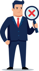 Serious businessman holding magnifying glass with red cross symbol.