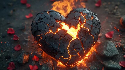 A cracked heart of dark stone, burning with fiery lava, amidst scattered rose petals