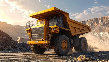 Obraz premium Large yellow dump truck navigating a quarry, dust swirling in the air under a bright sky