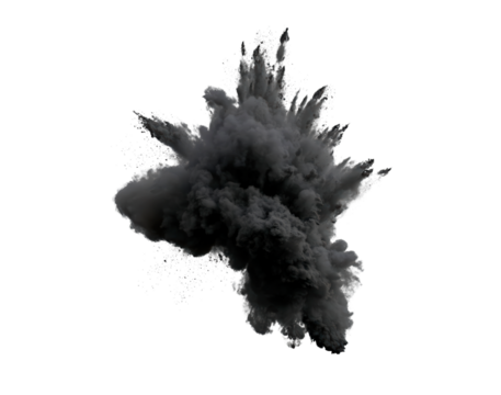 Dark smoke cloud in mid-air explosion on transparent background