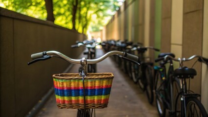 Bicycles lined up in a narrow alley, with a focus on the colorful basket of the front bike amidst greenery.