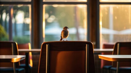 A bird perched on a chair in a cafe, with warm sunlight illuminating the space and blurred backgrounds of tables and chairs.