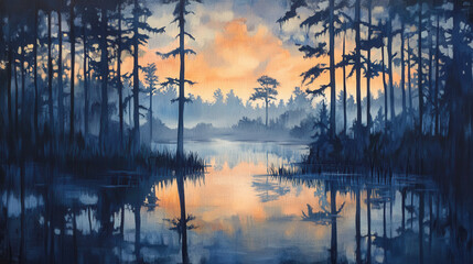 Serene swampy forest landscape with fiery sunset reflected in calm water