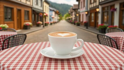 A cozy street scene featuring a latte art coffee cup on a checkered tablecloth, with quaint buildings in the background.