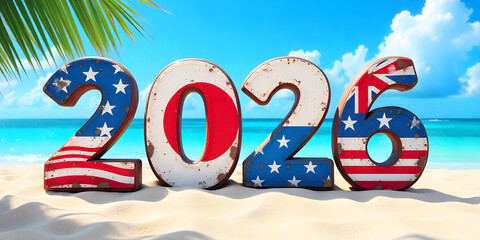 Vibrant 2026 Happy New Year Greeting Card with Graffiti Style Japan Flag on Weathered Brick Wall in Urban Alleyway at outedoor 2026 Happy New Year greeting card design.