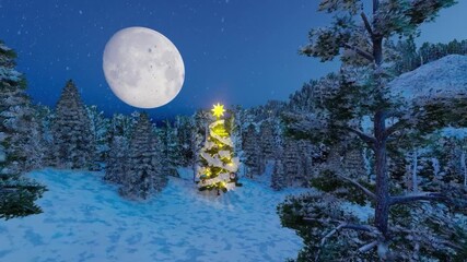Christmas landscape with snowy pine trees, snow, christmas tree, the moon and snowflakes. Merry Christmas and Happy New Year background animation. - Powered by Adobe