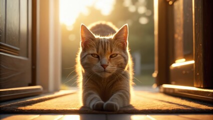 A cat rests peacefully in a doorway, illuminated by warm sunlight, creating a serene and inviting atmosphere.