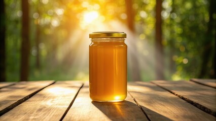 A jar filled with honey sits on a wooden table, illuminated by golden sunlight filtering through lush green trees in the background.