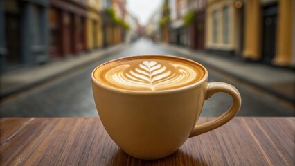 A beautifully crafted cup of coffee with latte art sits on a wooden table, set against a blurred street scene.