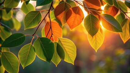 Leaves in various colors illuminated by sunlight, creating a warm and vibrant atmosphere in a natural setting.