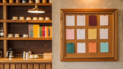 A cozy café interior featuring a wooden shelf with cups and a bulletin board displaying colorful notes.