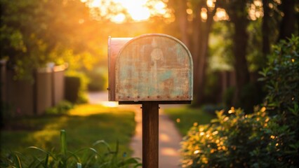 A rustic mailbox stands in a sunlit pathway, surrounded by greenery, evoking a sense of nostalgia and tranquility.