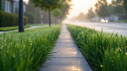 A serene sidewalk lined with dewy grass in the early morning light, creating a tranquil atmosphere in a suburban setting.