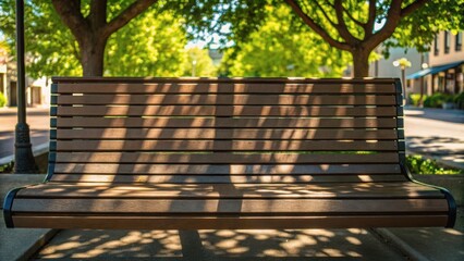 A wooden bench sits under leafy trees, casting intricate shadows on the ground in a peaceful outdoor setting.