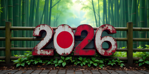 Vibrant 2026 Happy New Year Greeting Card with Graffiti Style Japan Flag on Weathered Brick Wall in Urban Alleyway at outedoor 2026 Happy New Year greeting card design.