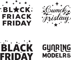 Naklejka premium Distorted Black Friday typography set—cursive, bold, and surreal text variations with stars and decorative elements in black and white
