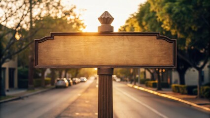 A vintage street sign stands against a sunset backdrop, surrounded by trees and cars, capturing a serene urban moment.